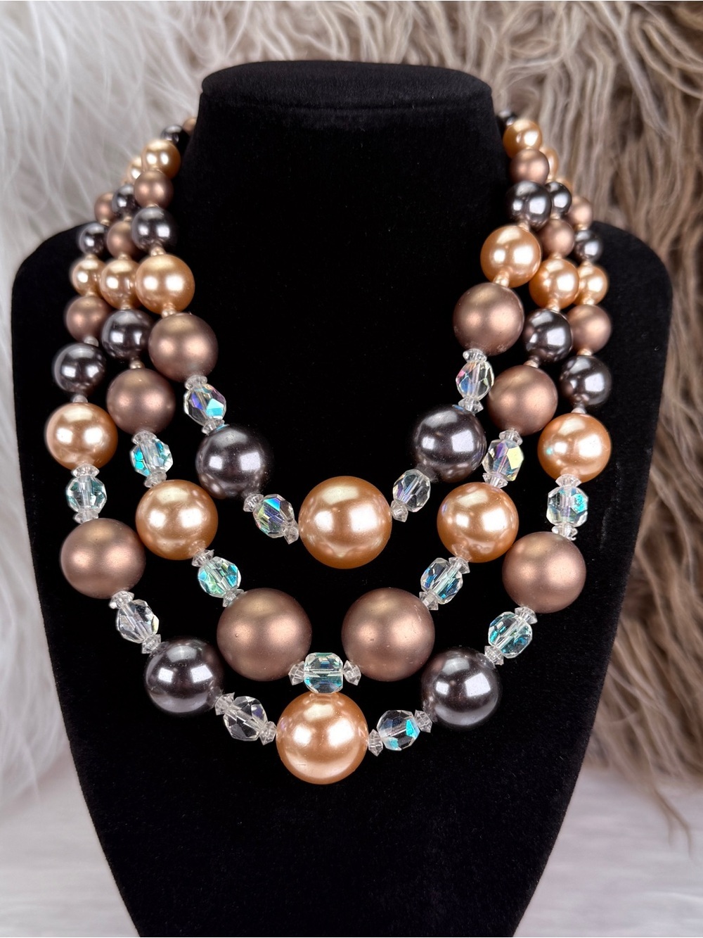 Vintage Japan 3 Strand Champagne Bronze Beaded Statement Necklace